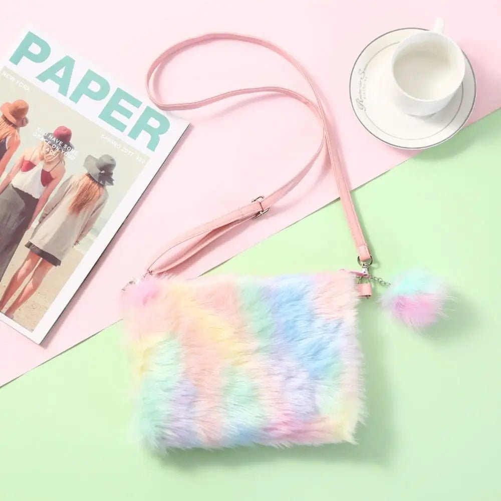 Girls Plush Tie Dye Rainbow Crossbody Purse, Fluffy Fuzzy Bag - goosavvy.com