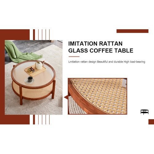 Mid - Century Modern Round Coffee Table with Glass Top & Rattan Shelf – 35" Solid Wood 2 - Tier Boho Center Table for Living Room, Apartment, Small Spaces - goosavvy.com