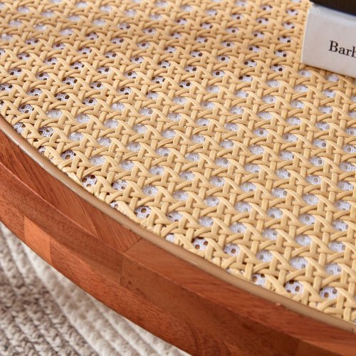 Mid - Century Modern Round Coffee Table with Glass Top & Rattan Shelf – 35" Solid Wood 2 - Tier Boho Center Table for Living Room, Apartment, Small Spaces - goosavvy.com