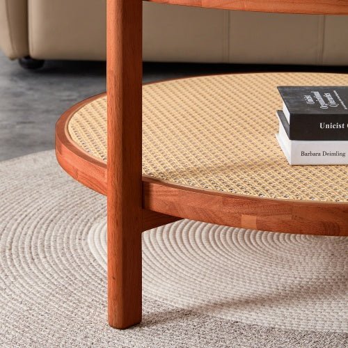Mid - Century Modern Round Coffee Table with Glass Top & Rattan Shelf – 35" Solid Wood 2 - Tier Boho Center Table for Living Room, Apartment, Small Spaces - goosavvy.com