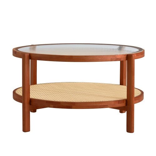 Mid - Century Modern Round Coffee Table with Glass Top & Rattan Shelf – 35" Solid Wood 2 - Tier Boho Center Table for Living Room, Apartment, Small Spaces - goosavvy.com