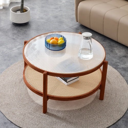 Mid - Century Modern Round Coffee Table with Glass Top & Rattan Shelf – 35" Solid Wood 2 - Tier Boho Center Table for Living Room, Apartment, Small Spaces - goosavvy.com