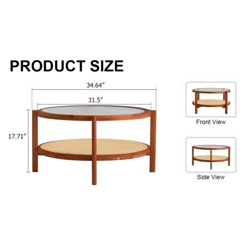 Mid - Century Modern Round Coffee Table with Glass Top & Rattan Shelf – 35" Solid Wood 2 - Tier Boho Center Table for Living Room, Apartment, Small Spaces - goosavvy.com