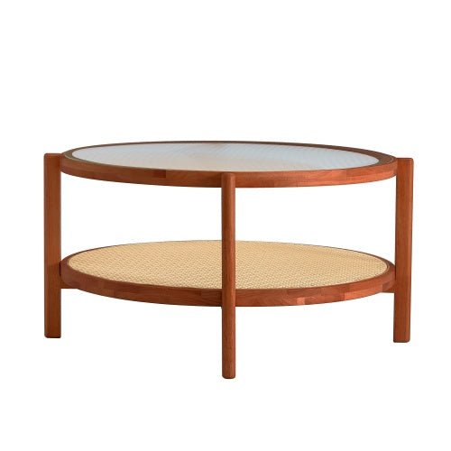 Mid - Century Modern Round Coffee Table with Glass Top & Rattan Shelf – 35" Solid Wood 2 - Tier Boho Center Table for Living Room, Apartment, Small Spaces - goosavvy.com