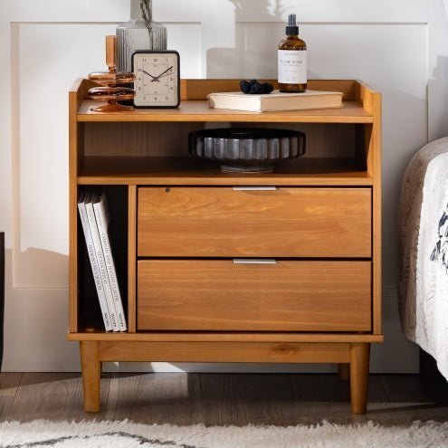 Mid - Century Modern Solid Wood 2 - Drawer Nightstand with Open Cubby – Caramel Finish - goosavvy.com