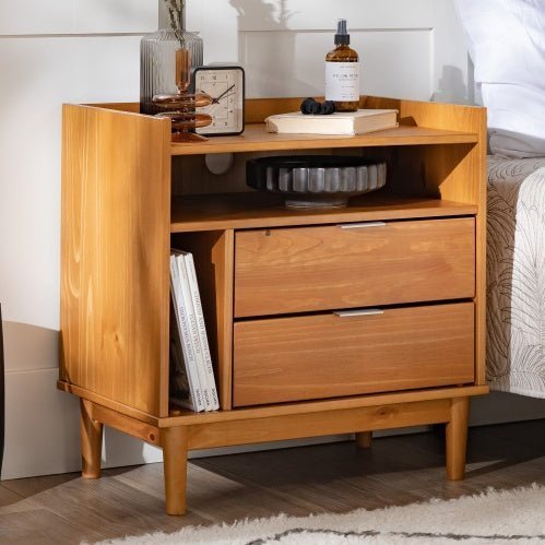 Mid - Century Modern Solid Wood 2 - Drawer Nightstand with Open Cubby – Caramel Finish - goosavvy.com