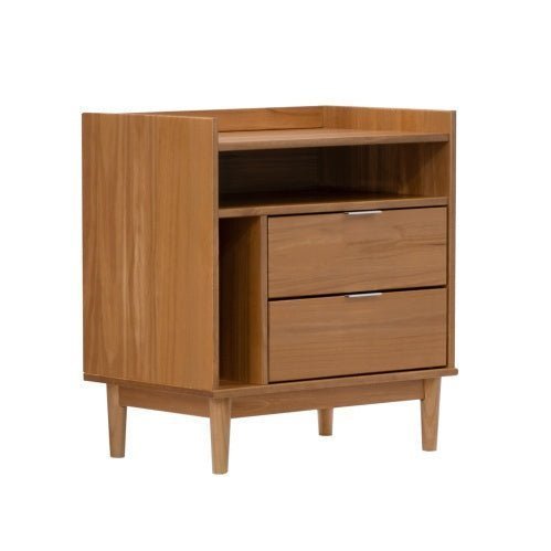 Mid - Century Modern Solid Wood 2 - Drawer Nightstand with Open Cubby – Caramel Finish - goosavvy.com