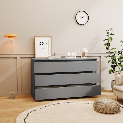 Modern 6 - Drawer Wide Dresser Chest for Bedroom, Minimalist Storage Organizer in Gray Finish - goosavvy.com