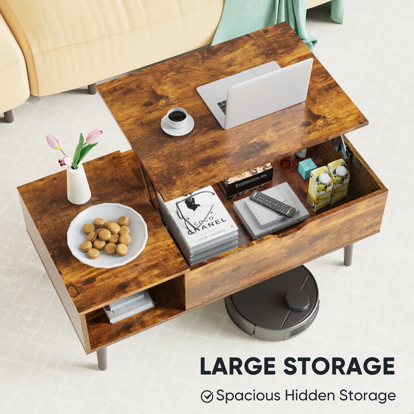 Modern Lift - Top Coffee Table with Adjustable Shelf & Hidden Storage – Black Wood or Rustic Brown - goosavvy.com