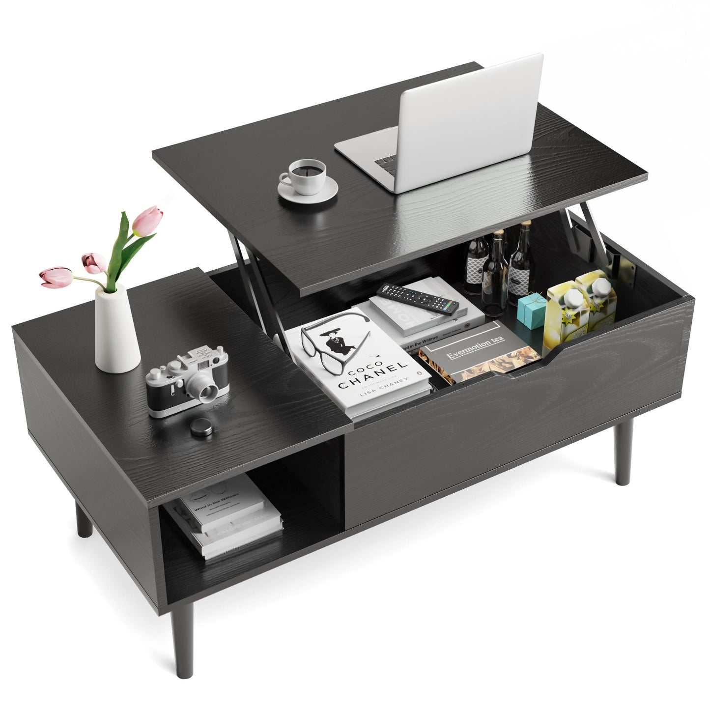 Modern Lift - Top Coffee Table with Adjustable Shelf & Hidden Storage – Black Wood or Rustic Brown - goosavvy.com