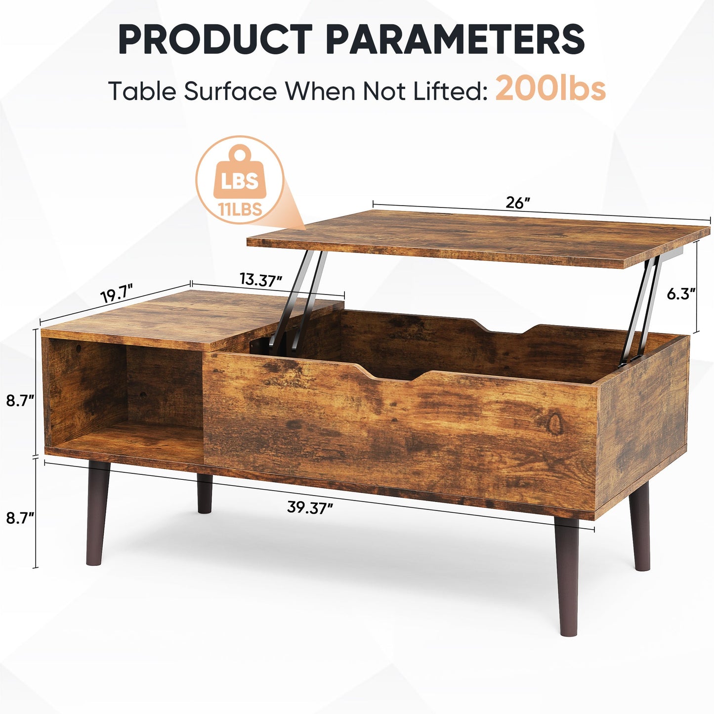 Modern Lift - Top Coffee Table with Adjustable Shelf & Hidden Storage – Black Wood or Rustic Brown - goosavvy.com