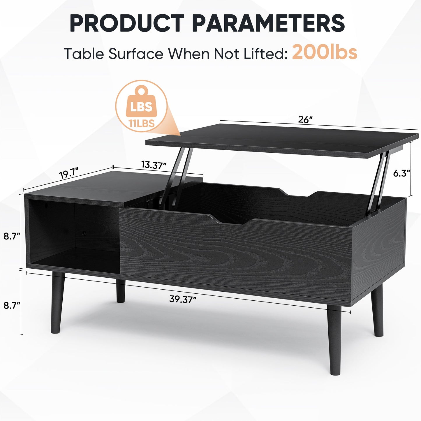 Modern Lift - Top Coffee Table with Adjustable Shelf & Hidden Storage – Black Wood or Rustic Brown - goosavvy.com