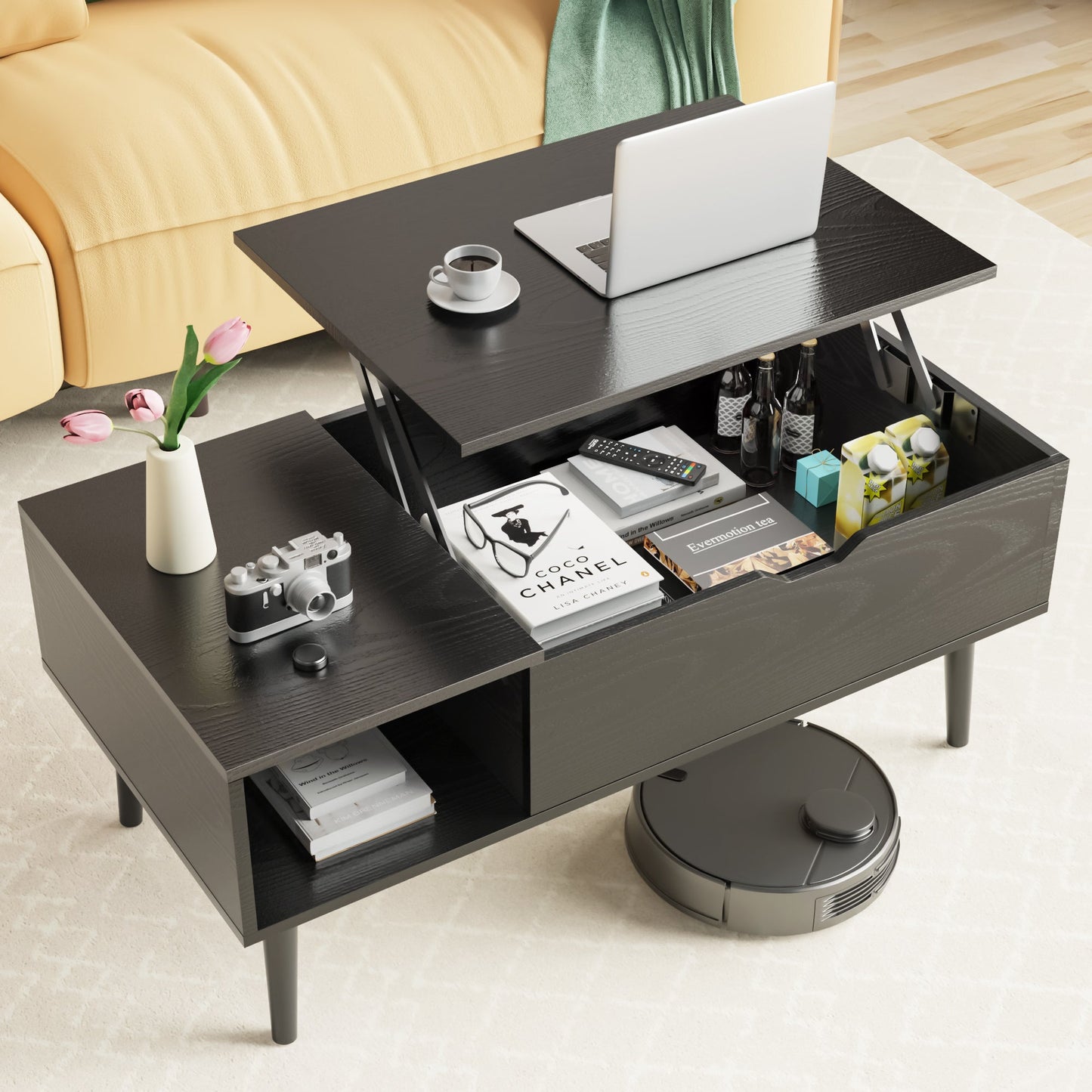 Modern Lift - Top Coffee Table with Adjustable Shelf & Hidden Storage – Black Wood or Rustic Brown - goosavvy.com