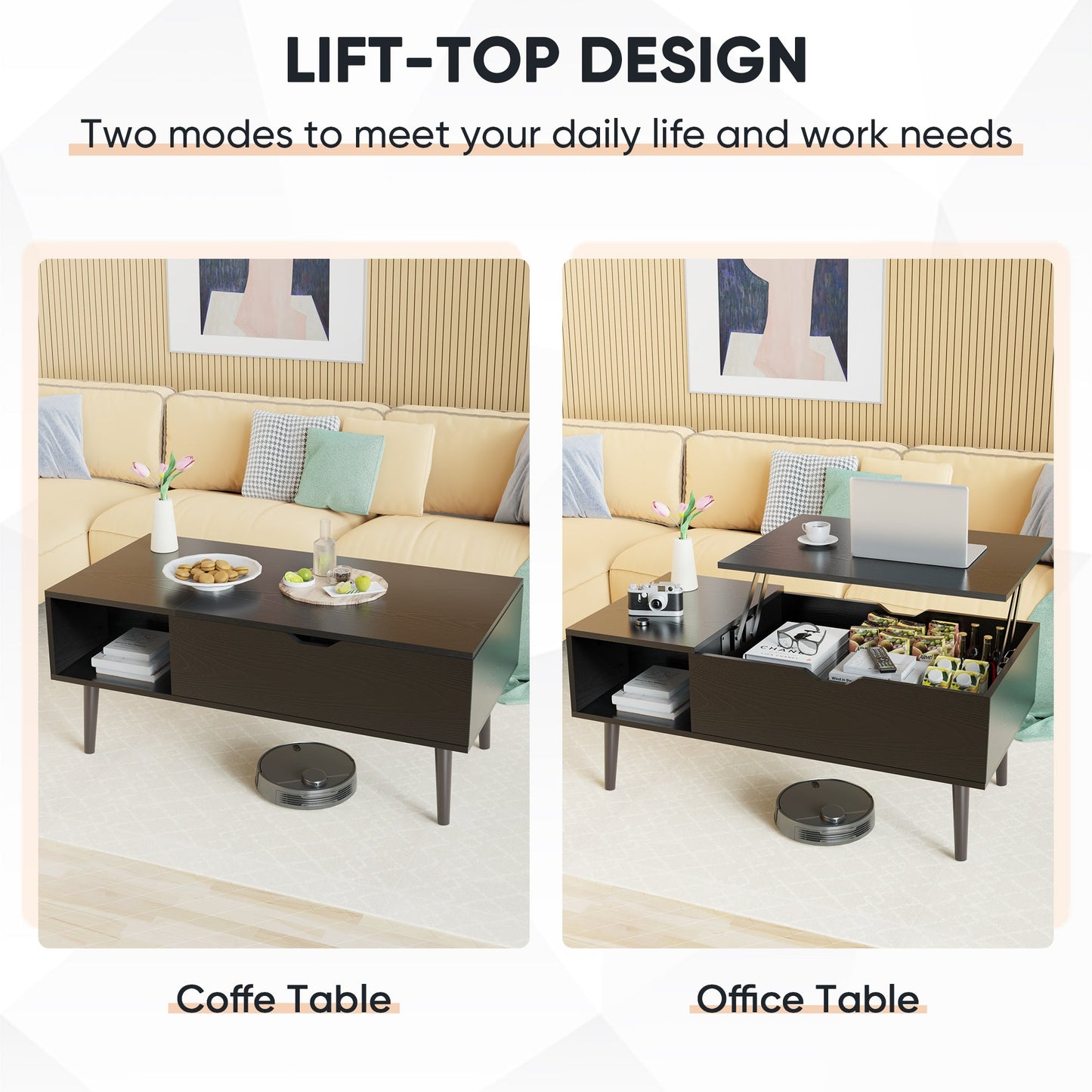 Modern Lift - Top Coffee Table with Adjustable Shelf & Hidden Storage – Black Wood or Rustic Brown - goosavvy.com