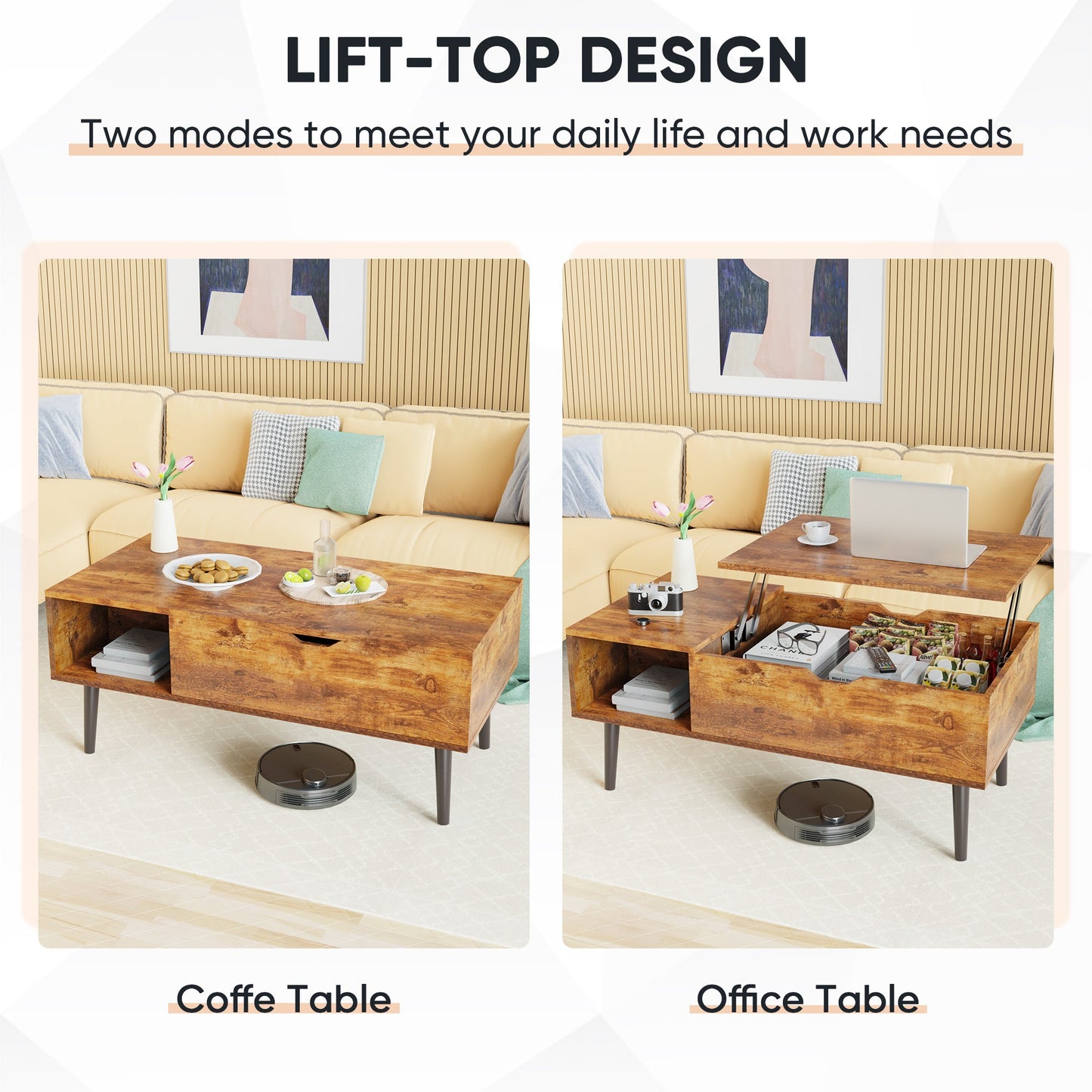 Modern Lift - Top Coffee Table with Adjustable Shelf & Hidden Storage – Black Wood or Rustic Brown - goosavvy.com
