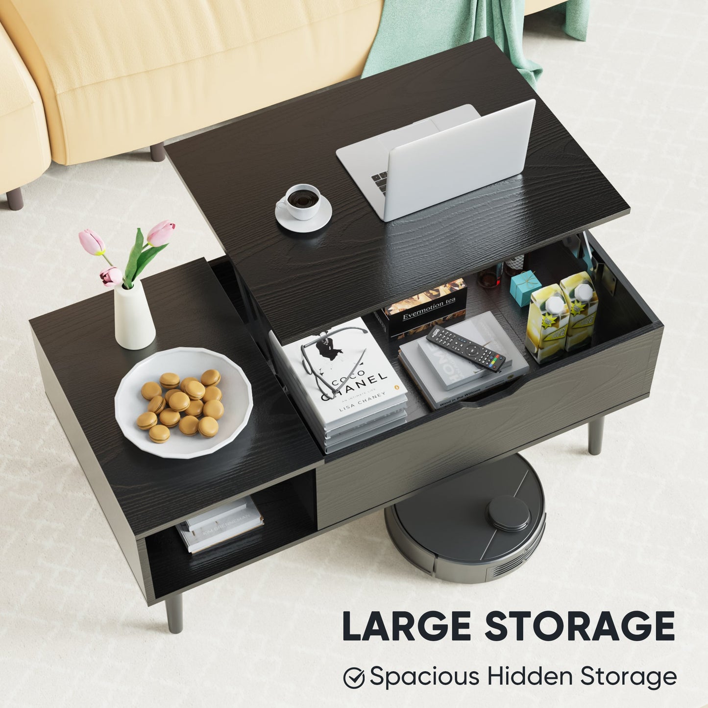 Modern Lift - Top Coffee Table with Adjustable Shelf & Hidden Storage – Black Wood or Rustic Brown - goosavvy.com