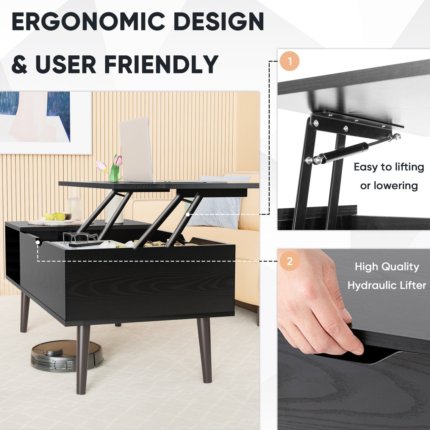 Modern Lift - Top Coffee Table with Adjustable Shelf & Hidden Storage – Black Wood or Rustic Brown - goosavvy.com