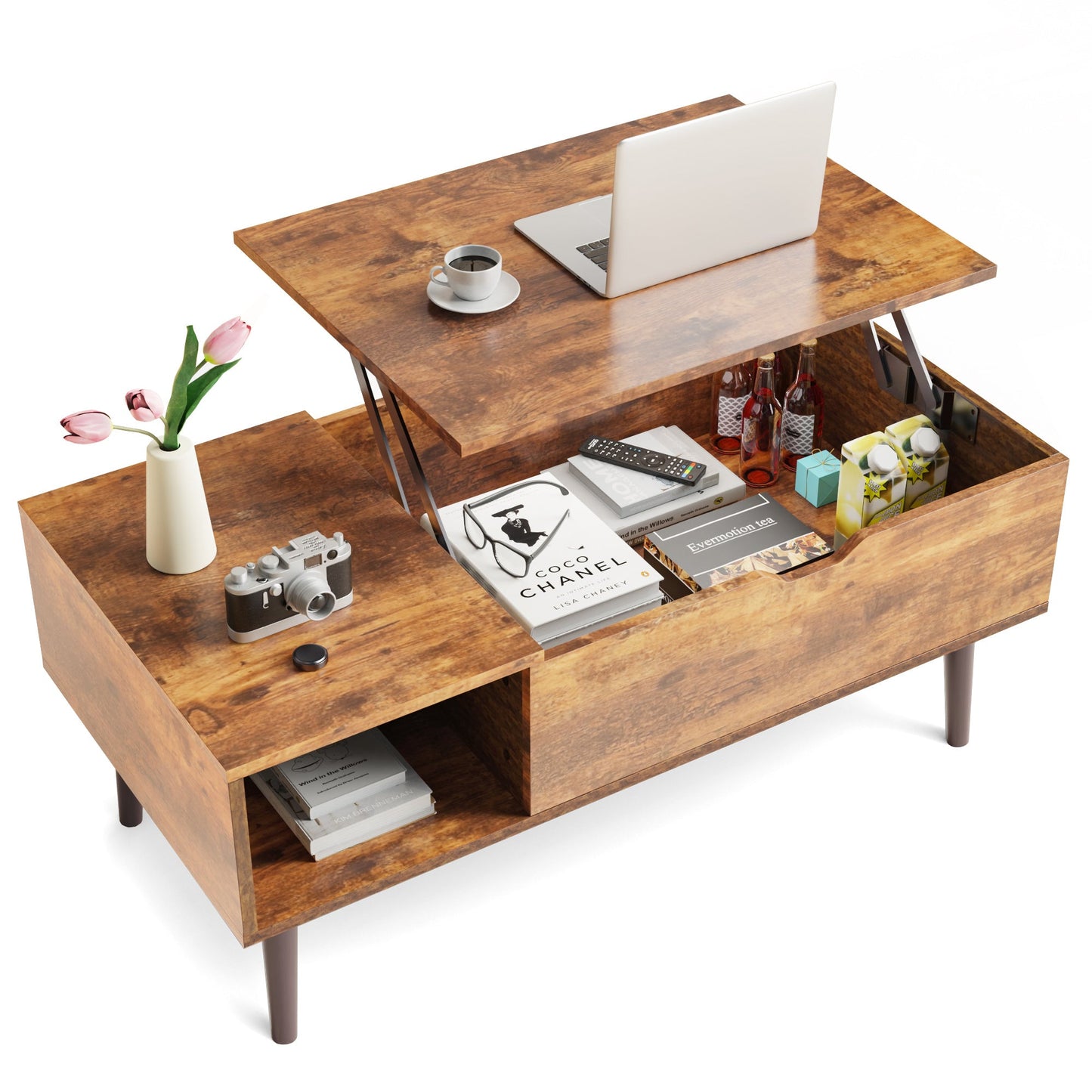 Modern Lift - Top Coffee Table with Adjustable Shelf & Hidden Storage – Black Wood or Rustic Brown - goosavvy.com