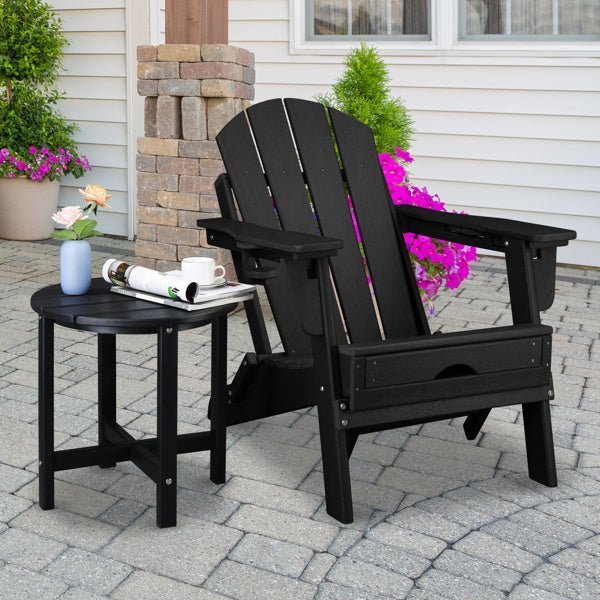 Outdoor Black Round Side Table – All - Weather HDPE Adirondack Patio End Table for Pool, Balcony, Deck, Porch, Lawn, and Backyard - goosavvy.com