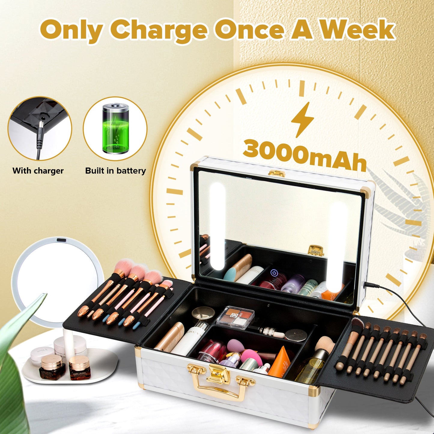 Portable Travel Makeup Case with LED Mirror, Lock, Dividers & Brush Holder - goosavvy.com