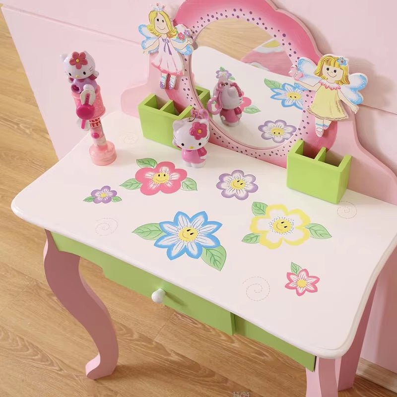 Princess Vanity Set for Kids with Mirror & Stool – Wooden Makeup Table, Non - Toxic Hand - Painted, Flower Design, Pink & Green, Storage Drawer - goosavvy.com