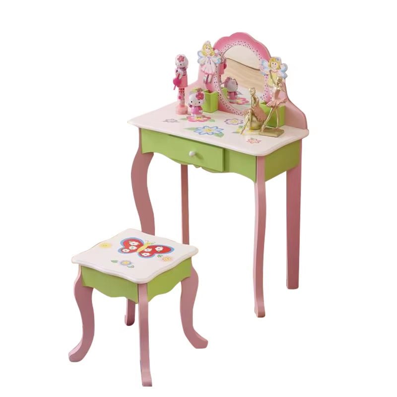 Princess Vanity Set for Kids with Mirror & Stool – Wooden Makeup Table, Non - Toxic Hand - Painted, Flower Design, Pink & Green, Storage Drawer - goosavvy.com