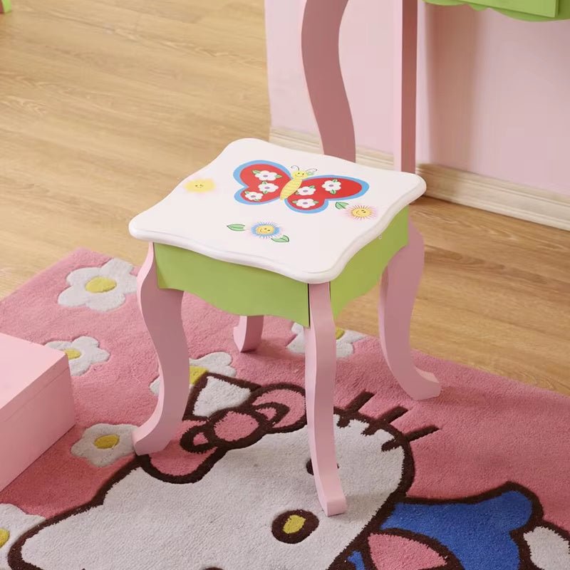 Princess Vanity Set for Kids with Mirror & Stool – Wooden Makeup Table, Non - Toxic Hand - Painted, Flower Design, Pink & Green, Storage Drawer - goosavvy.com