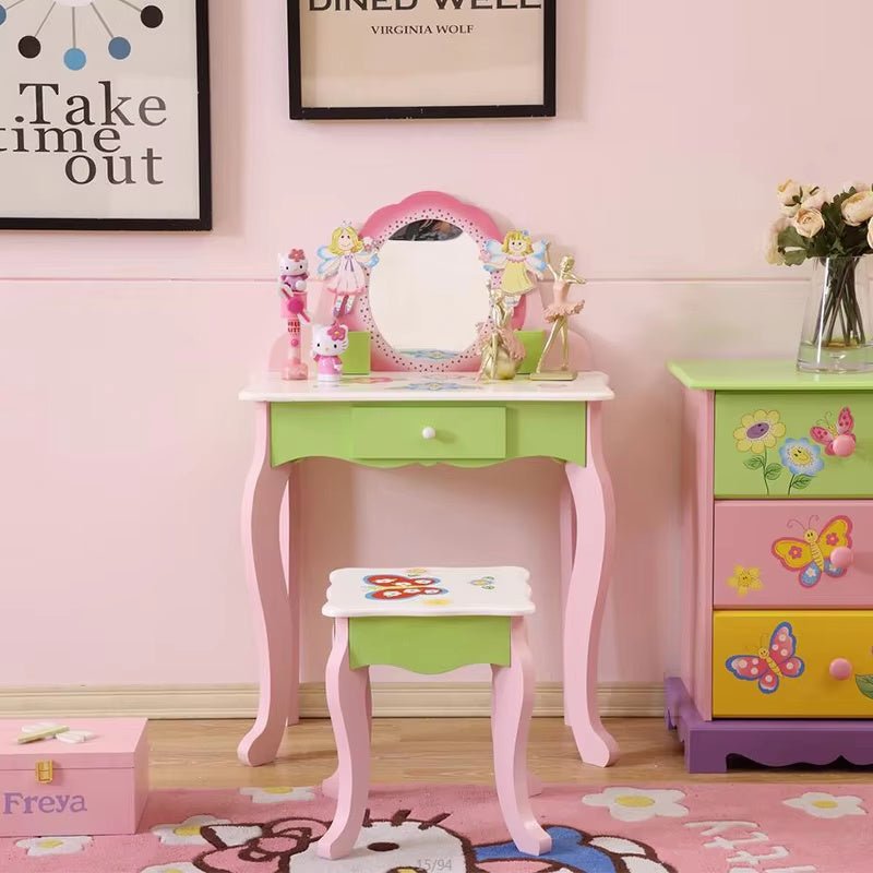 Princess Vanity Set for Kids with Mirror & Stool – Wooden Makeup Table, Non - Toxic Hand - Painted, Flower Design, Pink & Green, Storage Drawer - goosavvy.com