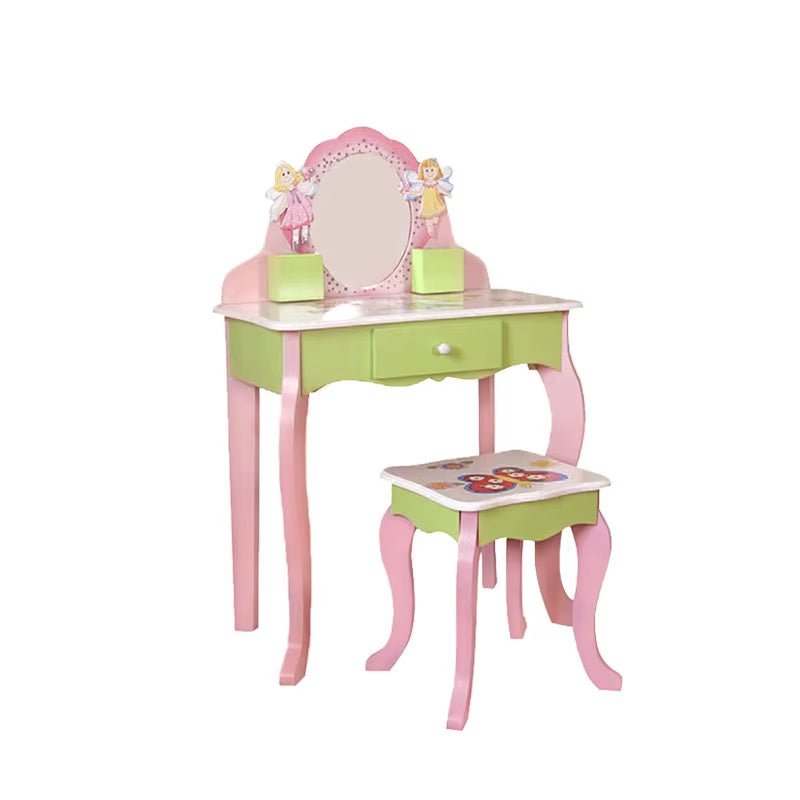 Princess Vanity Set for Kids with Mirror & Stool – Wooden Makeup Table, Non - Toxic Hand - Painted, Flower Design, Pink & Green, Storage Drawer - goosavvy.com