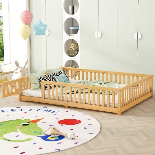 Queen Size Kids Floor Bed with Safety Guardrails & Door, Low - Profile Design, Natural Wood Color - goosavvy.com
