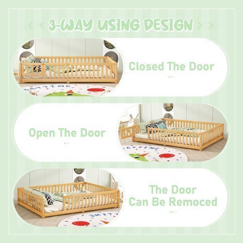 Queen Size Kids Floor Bed with Safety Guardrails & Door, Low - Profile Design, Natural Wood Color - goosavvy.com