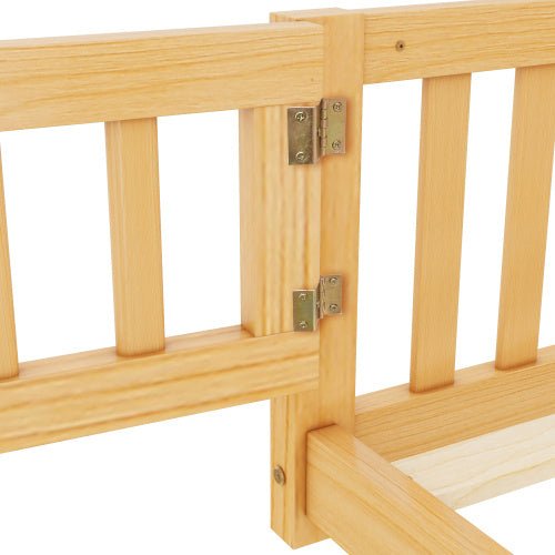 Queen Size Kids Floor Bed with Safety Guardrails & Door, Low - Profile Design, Natural Wood Color - goosavvy.com