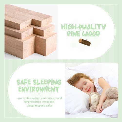Queen Size Kids Floor Bed with Safety Guardrails & Door, Low - Profile Design, Natural Wood Color - goosavvy.com