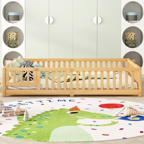 Queen Size Kids Floor Bed with Safety Guardrails & Door, Low - Profile Design, Natural Wood Color - goosavvy.com