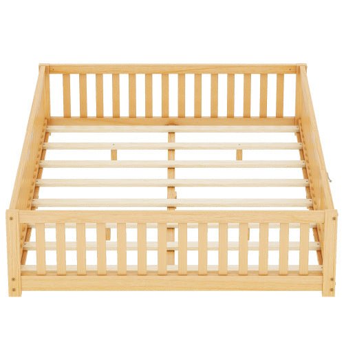 Queen Size Kids Floor Bed with Safety Guardrails & Door, Low - Profile Design, Natural Wood Color - goosavvy.com
