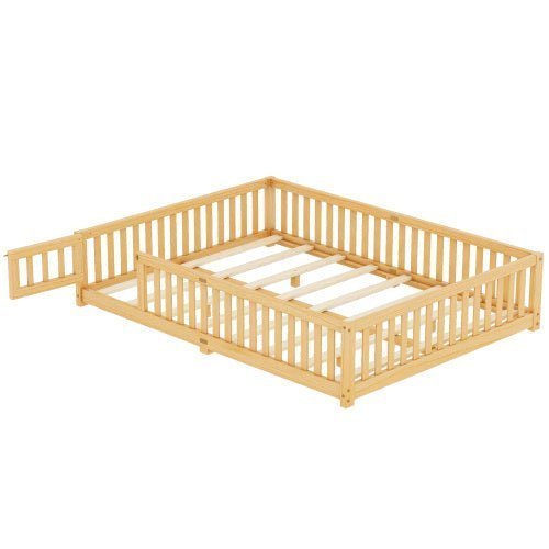 Queen Size Kids Floor Bed with Safety Guardrails & Door, Low - Profile Design, Natural Wood Color - goosavvy.com