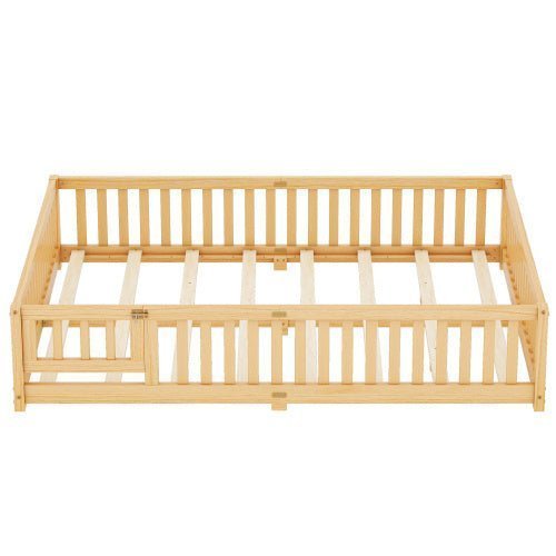 Queen Size Kids Floor Bed with Safety Guardrails & Door, Low - Profile Design, Natural Wood Color - goosavvy.com