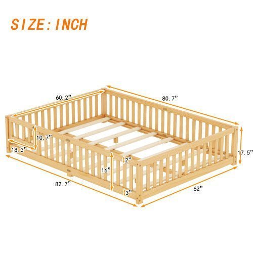 Queen Size Kids Floor Bed with Safety Guardrails & Door, Low - Profile Design, Natural Wood Color - goosavvy.com