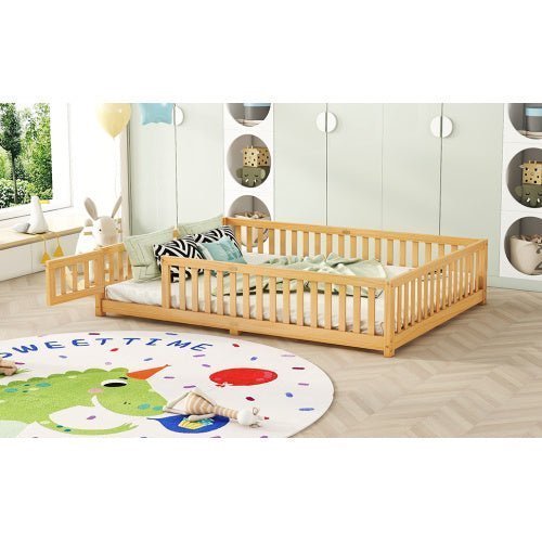 Queen Size Kids Floor Bed with Safety Guardrails & Door, Low - Profile Design, Natural Wood Color - goosavvy.com