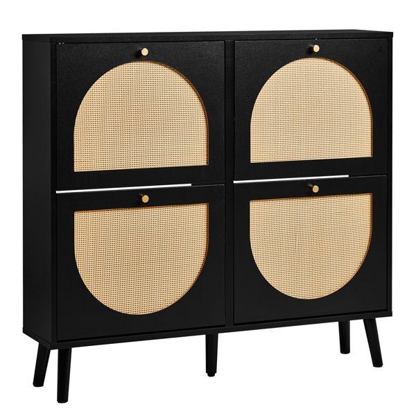 Rattan Shoe Cabinet with 4 Flip Drawers - 24 Pair Storage, Narrow Black Design - goosavvy.com