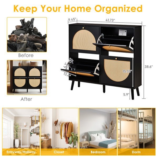 Rattan Shoe Cabinet with 4 Flip Drawers - 24 Pair Storage, Narrow Black Design - goosavvy.com
