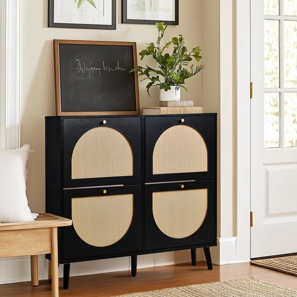 Rattan Shoe Cabinet with 4 Flip Drawers - 24 Pair Storage, Narrow Black Design - goosavvy.com