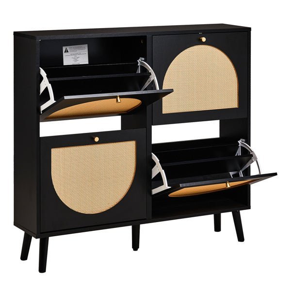 Rattan Shoe Cabinet with 4 Flip Drawers - 24 Pair Storage, Narrow Black Design - goosavvy.com