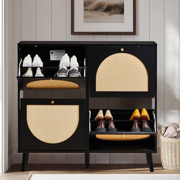 Rattan Shoe Cabinet with 4 Flip Drawers - 24 Pair Storage, Narrow Black Design - goosavvy.com