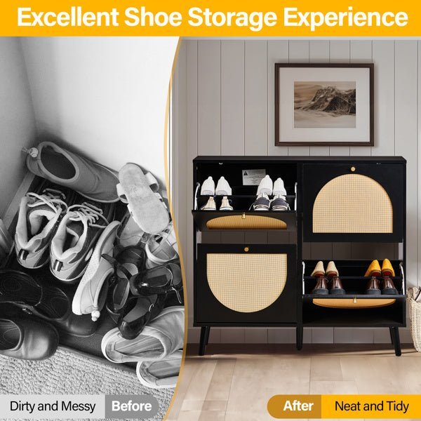 Rattan Shoe Cabinet with 4 Flip Drawers - 24 Pair Storage, Narrow Black Design - goosavvy.com