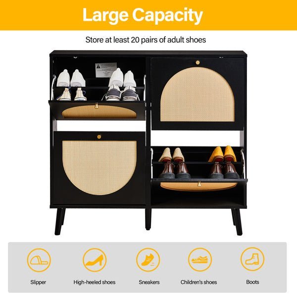 Rattan Shoe Cabinet with 4 Flip Drawers - 24 Pair Storage, Narrow Black Design - goosavvy.com
