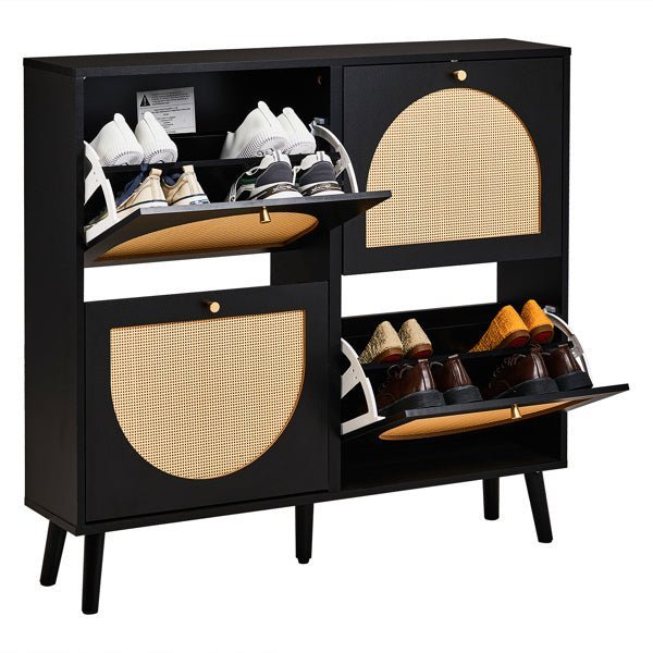 Rattan Shoe Cabinet with 4 Flip Drawers - 24 Pair Storage, Narrow Black Design - goosavvy.com