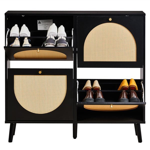 Rattan Shoe Cabinet with 4 Flip Drawers - 24 Pair Storage, Narrow Black Design - goosavvy.com