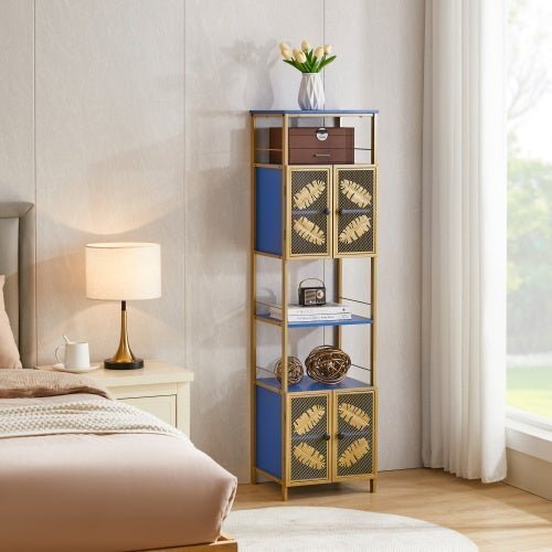 Tall Freestanding Storage Cabinet with Open Shelves & 2 Door Cabinets – Metal, Black & Blue – for Kitchen, Bathroom, or Living Room - goosavvy.com