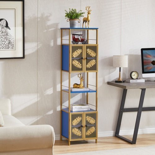 Tall Freestanding Storage Cabinet with Open Shelves & 2 Door Cabinets – Metal, Black & Blue – for Kitchen, Bathroom, or Living Room - goosavvy.com